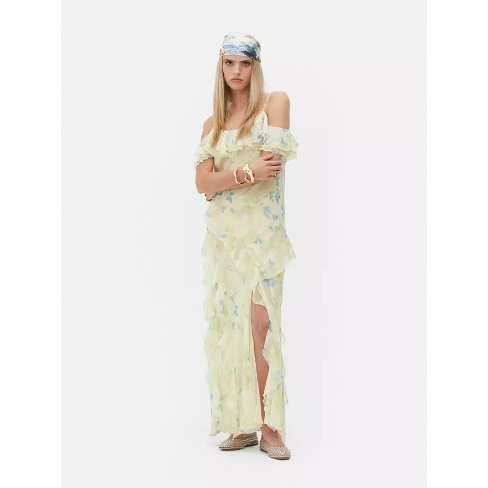 Rita Ora x Primark Floral Ruffle Maxi Dress Size 12 Cold Shoulder Ivory Cottage
